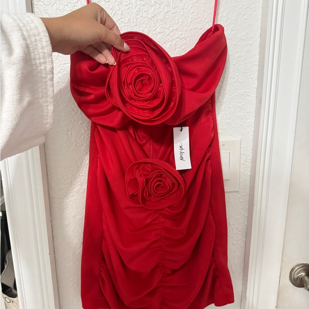 Red Strapless Dress with Floral Detail